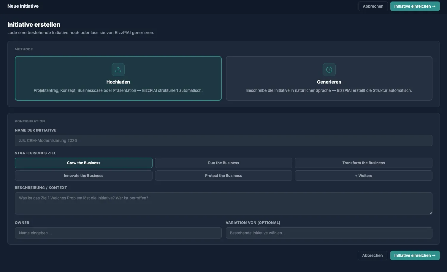Ansicht „Neue Initiative“ mit zwei Wegen: Dokument hochladen oder die Initiative in eigenen Worten beschreiben.